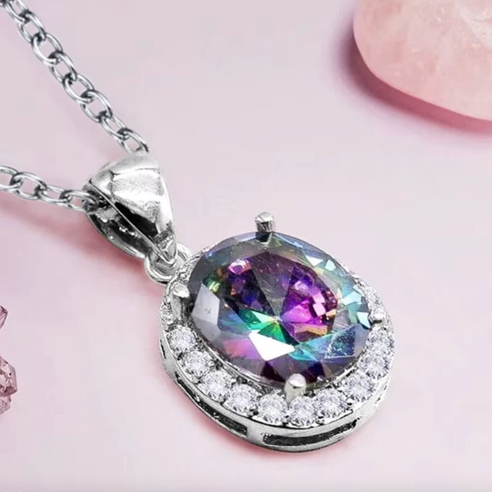 NEW 18k White Gold Mystic Topaz Diamond Pendant Necklace Oval Cut